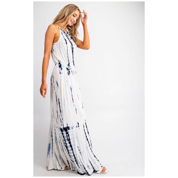 SOLD OUT Boho White & Blue Tie Dye Summer Vacation Long Full Length Maxi Dress - Picture 4 of 8